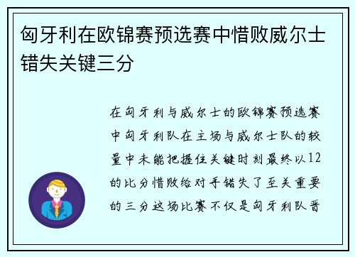 匈牙利在欧锦赛预选赛中惜败威尔士错失关键三分