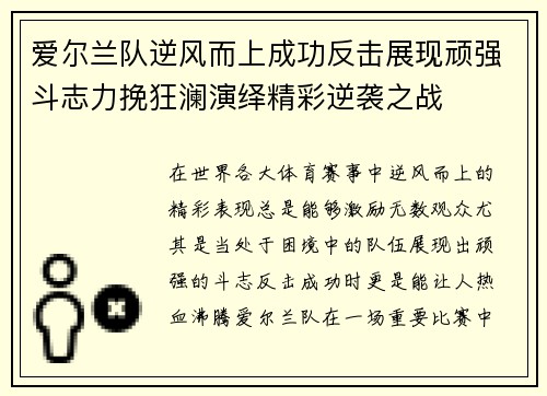 爱尔兰队逆风而上成功反击展现顽强斗志力挽狂澜演绎精彩逆袭之战