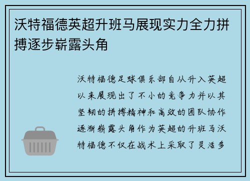 沃特福德英超升班马展现实力全力拼搏逐步崭露头角