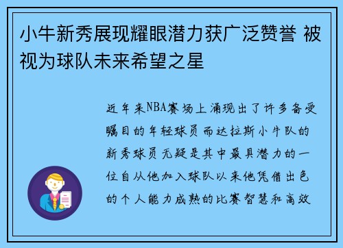 小牛新秀展现耀眼潜力获广泛赞誉 被视为球队未来希望之星