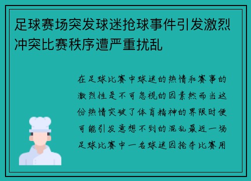 足球赛场突发球迷抢球事件引发激烈冲突比赛秩序遭严重扰乱