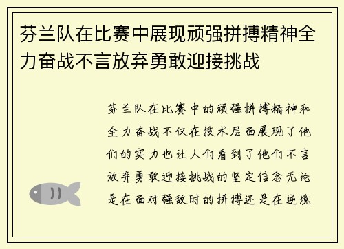 芬兰队在比赛中展现顽强拼搏精神全力奋战不言放弃勇敢迎接挑战